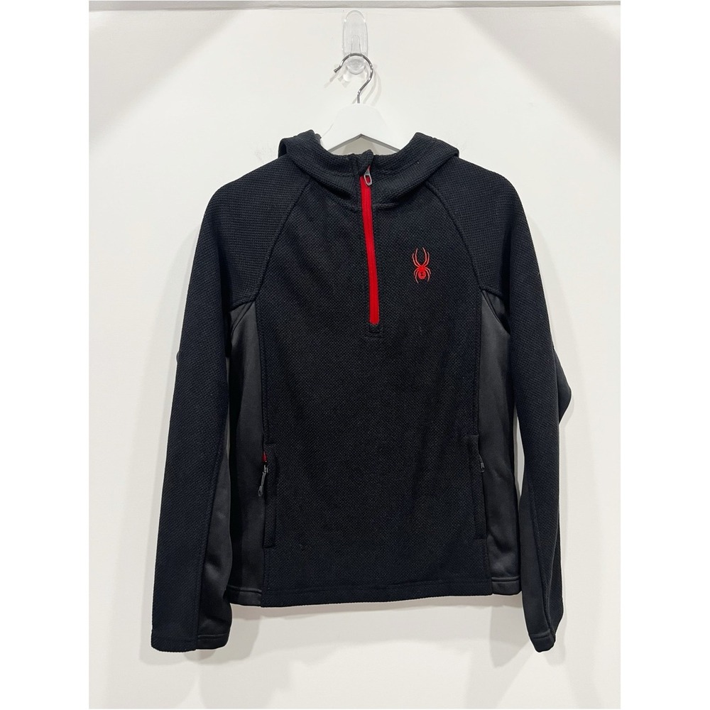 Spyder Men's Black Red Quarter Zip Hooded Fleece Performance Jacket Small